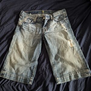 7 For All Mankind Distressed Light Blue Denim Jean Shorts